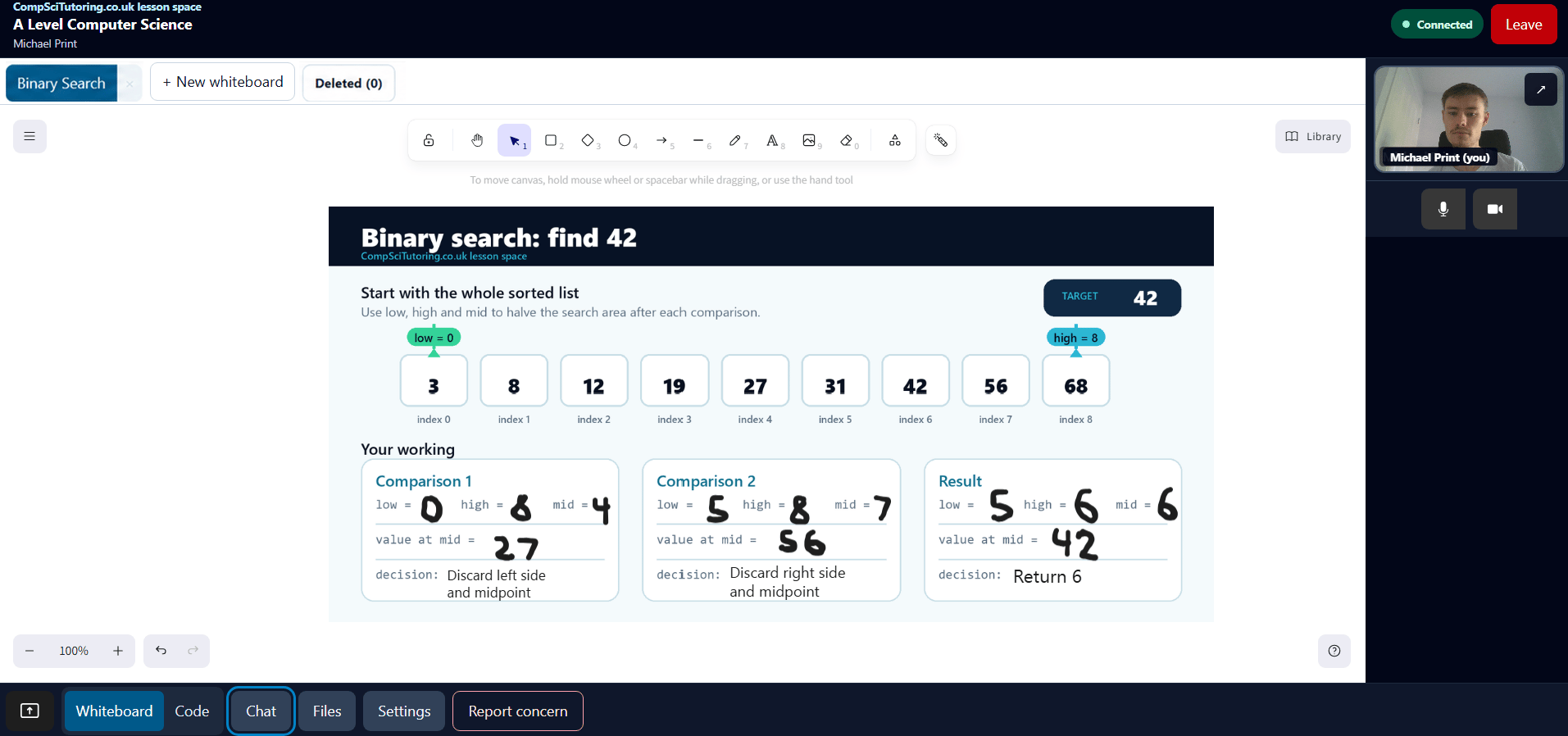 Private CompSciTutoring.co.uk lesson space showing an annotated binary-search example on the shared whiteboard
