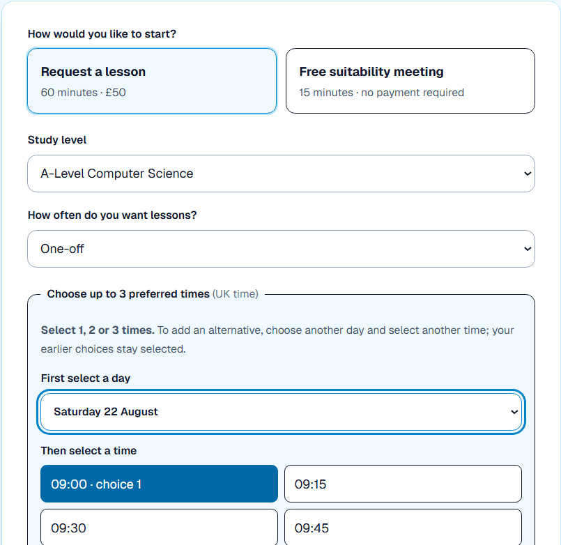 Lesson request form showing the paid lesson and free suitability meeting choices, study level, frequency and preferred times