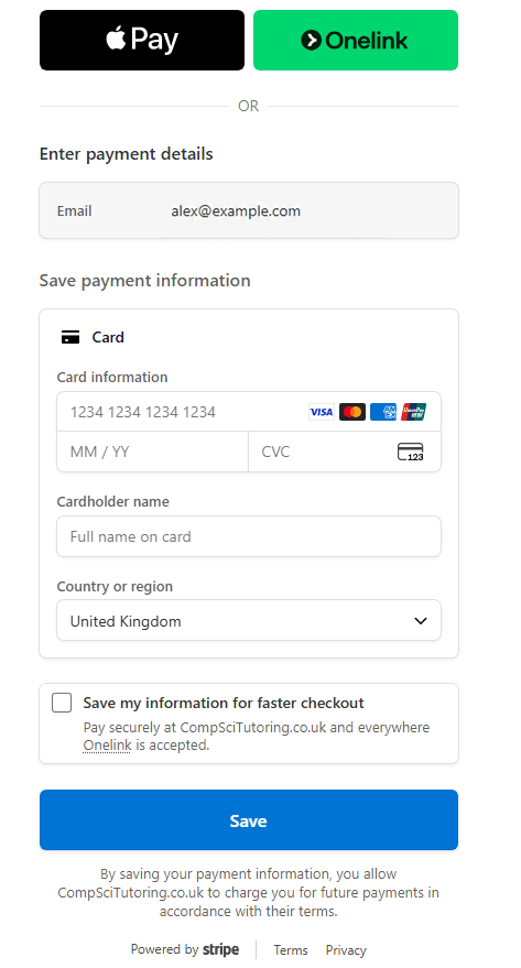 Secure Stripe payment form offering Apple Pay, online payment and card details